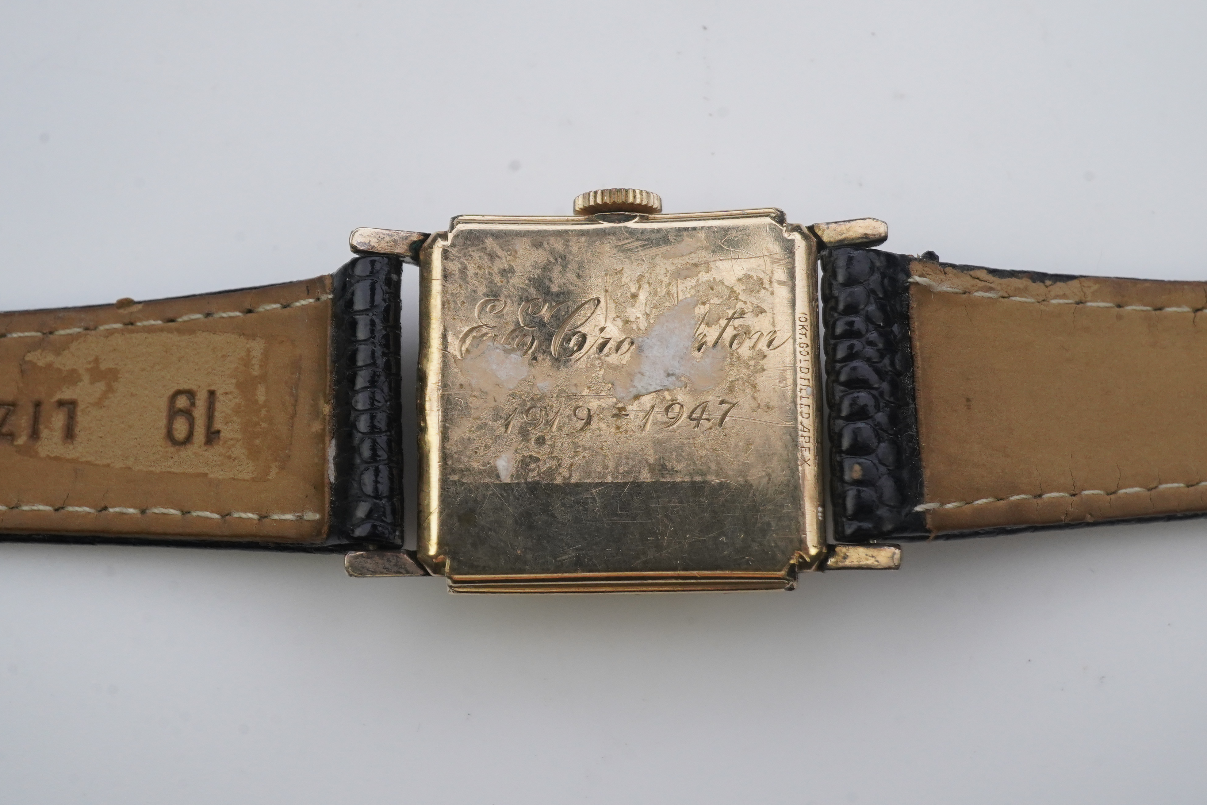 A gentleman's late 1940's gold plated Longines manual wind wrist watch, on a later associated leather strap